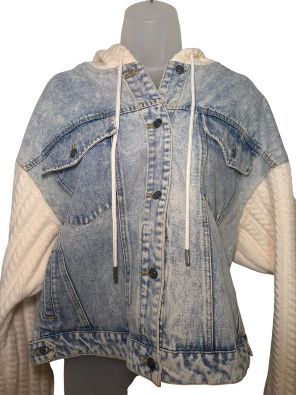 Elan Denim Knit Sleeve Hooded Jacket Mixed Media Large - Picture 4 of 10